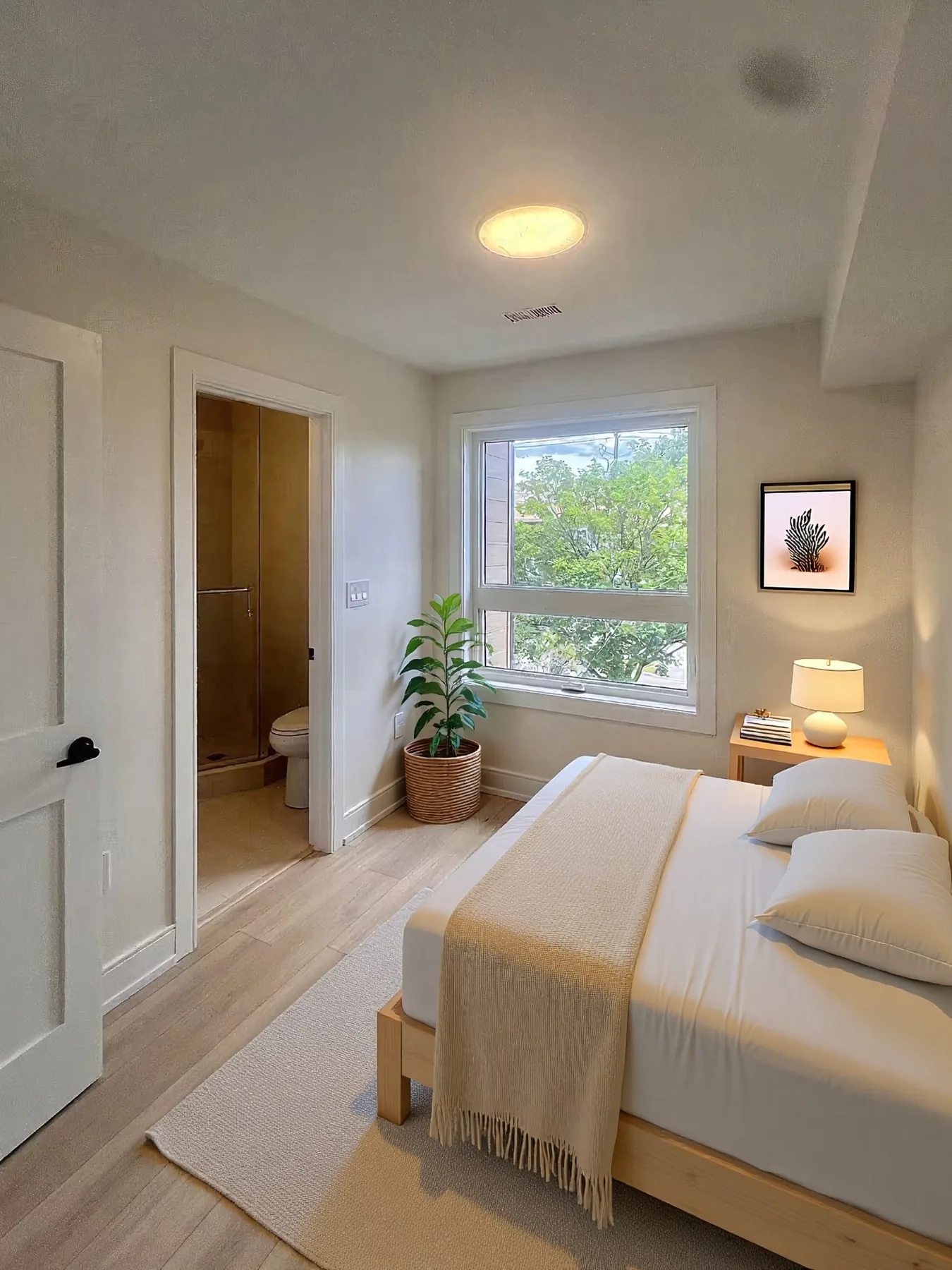 Staged bedroom with large window